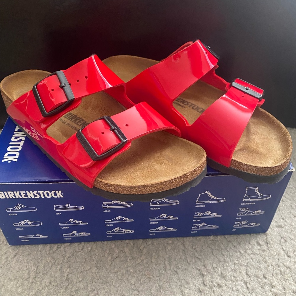 Arizona Birkenstock Red Cherry Two Strap Sandals (size 39)